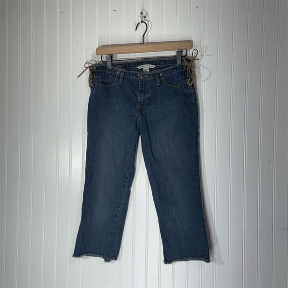 Y2K Abercrombie & Fitch Lace-Up Side Crop Jeans Size 16 Frayed Hem Boho Vintage - Picture 1 of 7